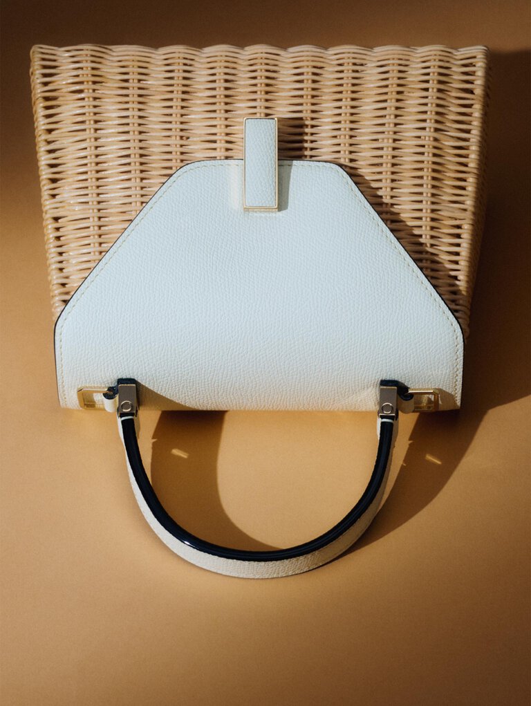 Valextra, wicker and leather Iside trapezoidal top handle summer bag
