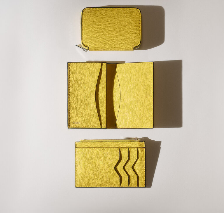 Valextra bright yellow small leather goods, card cases and wallets