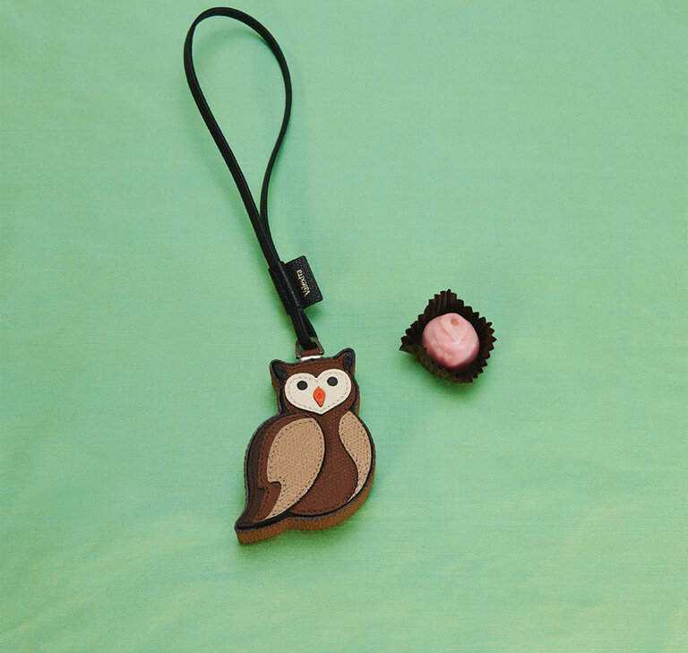 Valextra Owl leather Charm in white and brown color