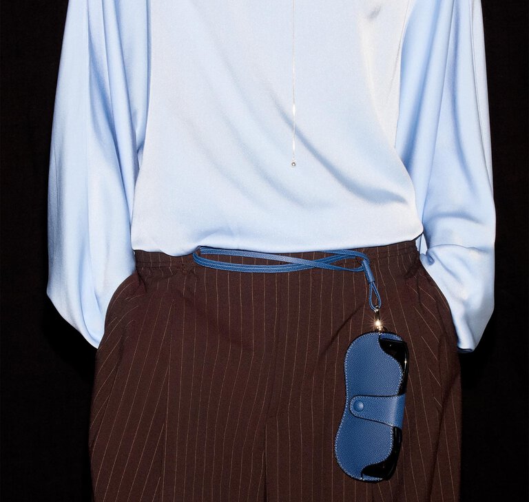 Valextra, leather sunglasses case in Blue with lanyard