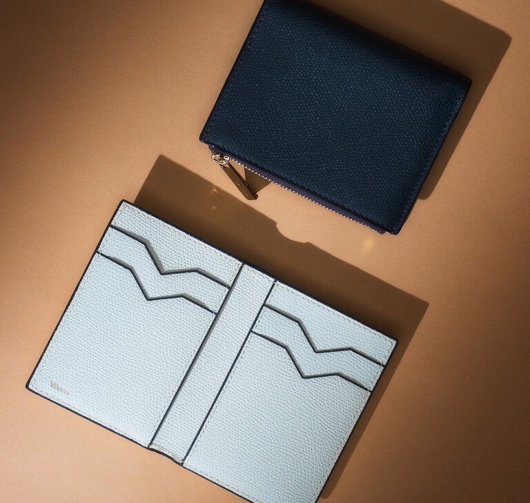 Valextra small leather goods including wallets, card holders and everyday leather accessories.
