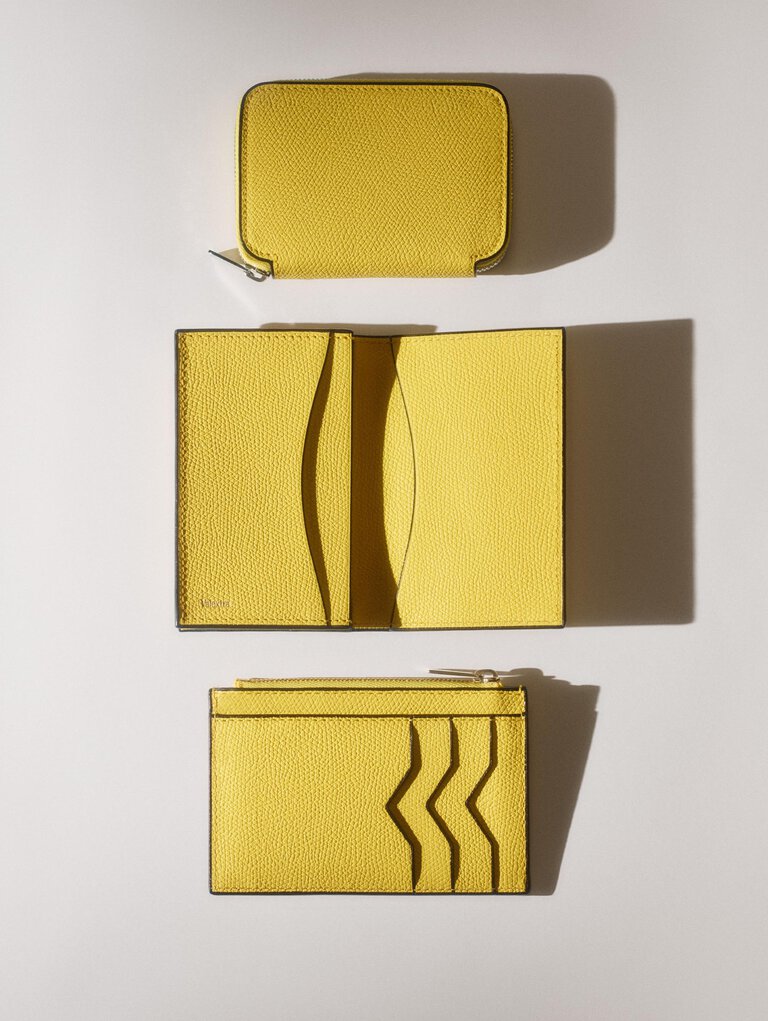 Valextra bright yellow small leather goods, card cases and wallets