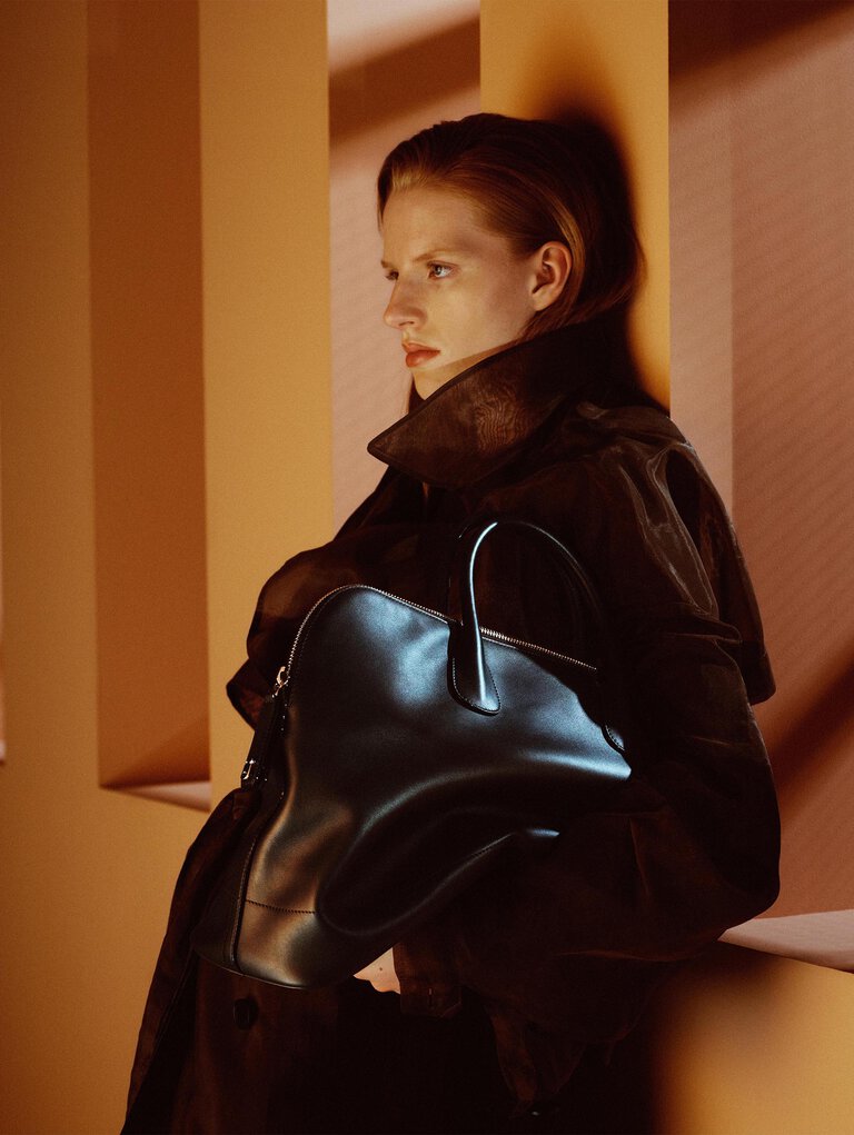 Valextra My Logo Bowling black leather handbag, a minimalist Italian luxury handbag crafted for everyday wear, work and travel.