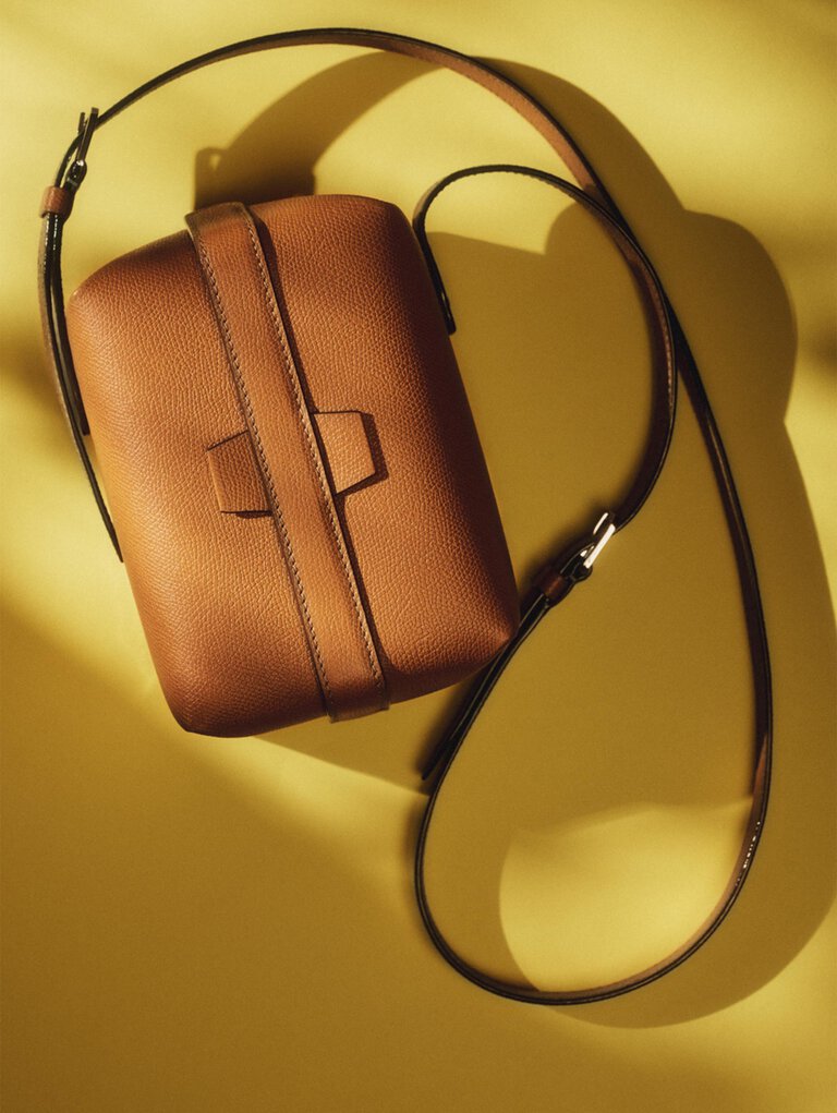 Valextra, Tric trac crossbody leather unisex bag in caramel brown