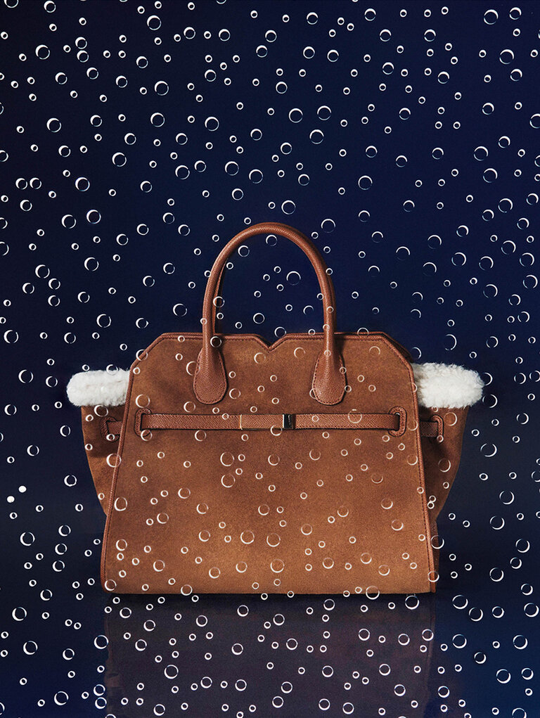 Valextra - Milano two handle bag in suede and shearling in chocolate brwon color