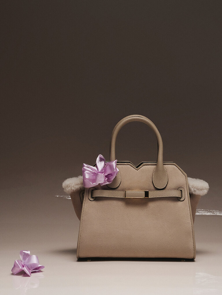 Valextra - Milano two handle bag in suede and shearling in nude pink color