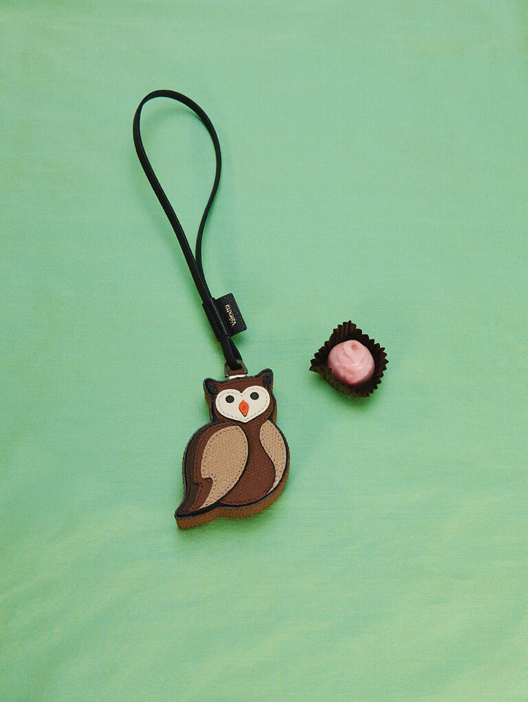 Valextra Owl leather Charm in white and brown color