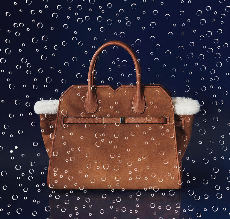 Valextra - Milano two handle bag in suede and shearling in chocolate brwon color