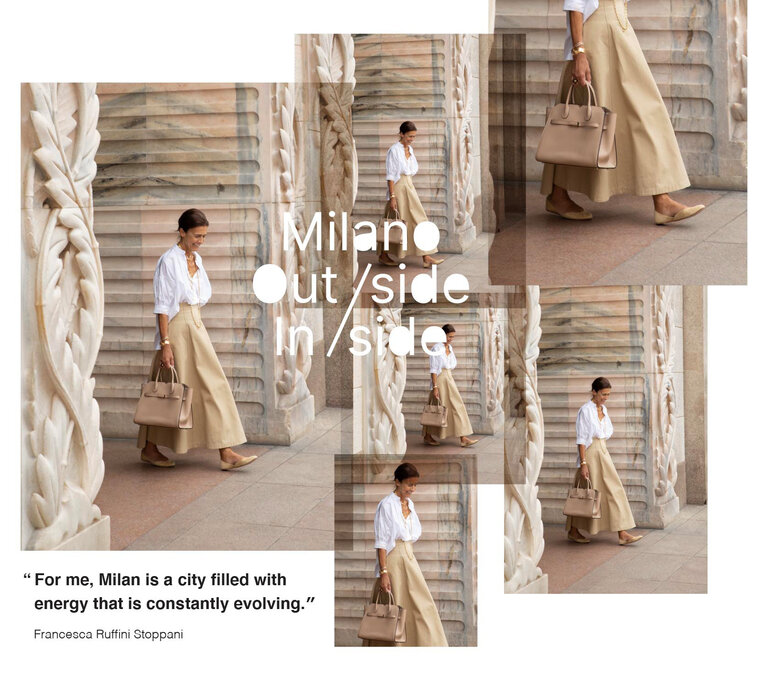 Milano Outside/Inside - Francesca Ruffini Stoppani al Palazzo dell’Arengario con la borsa Milano - Valextra