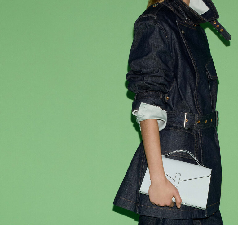 Valextra, Iside tin fron flap bag in light blue ice