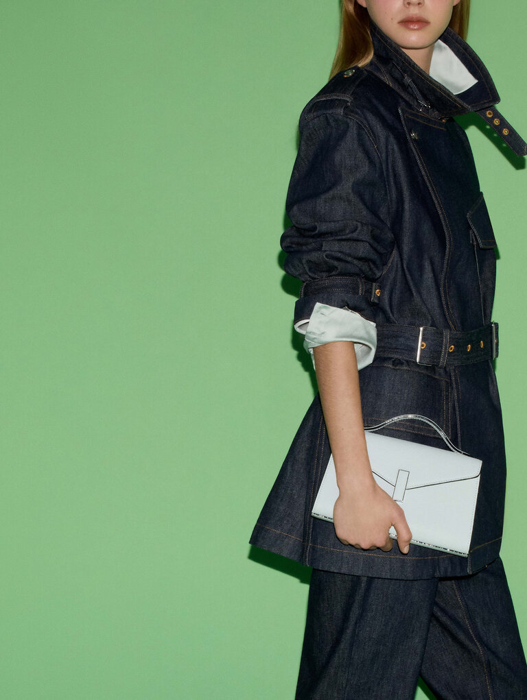 Valextra, Iside tin fron flap bag in light blue ice