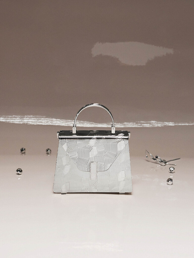 Valextra Silver Metal Iside top handle micro bag