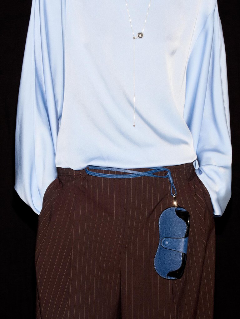 Valextra, leather sunglasses case in Blue with lanyard