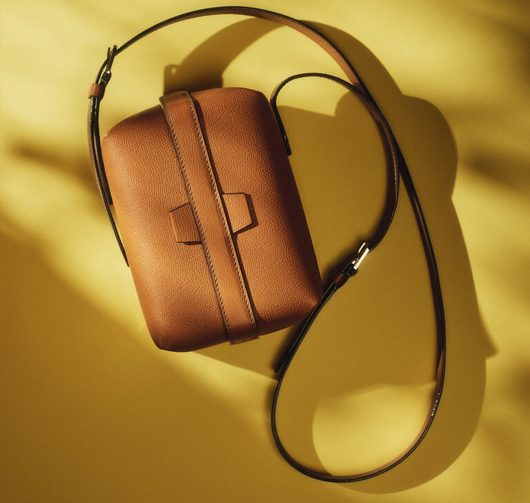 Valextra, Tric trac crossbody leather unisex bag in caramel brown
