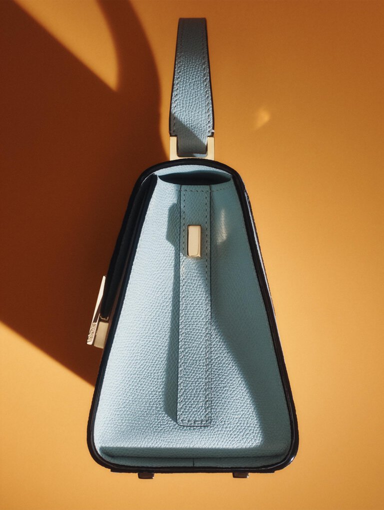 Valextra, Iside trapezoid woman bag with flap in calf leather Ice blue