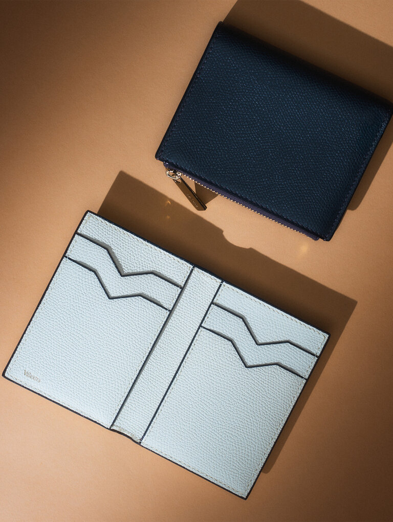 Valextra small leather goods including wallets, card holders and everyday leather accessories.