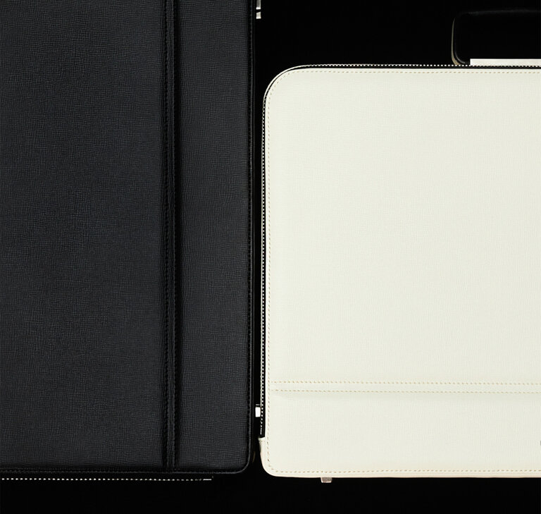 Valextra leather designer briefcase in Pergamena white and black