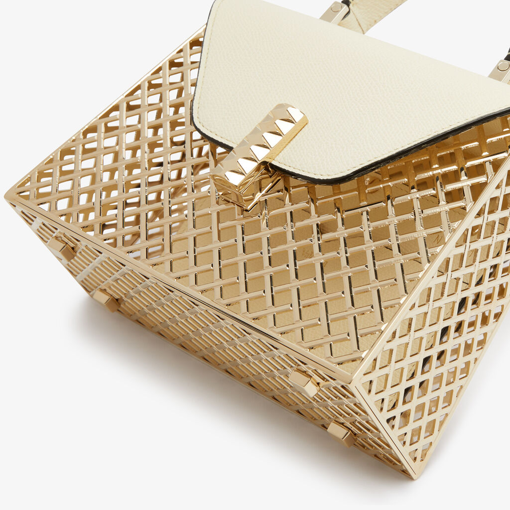 Borsa a Mano Iside Golden Mesh Micro - Bianco Pergamena - Rete Metallica/Vitello VS - Valextra - 3