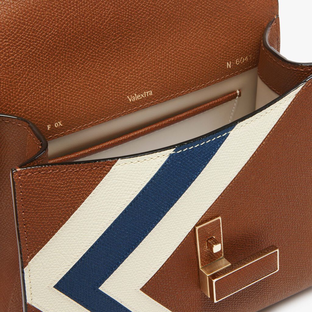Iside Intarsia V-Stripes Top Handle Mini Bag - Chocolate Brown/Pergamena White/Sapphire Blue - VS Vitello-Stripes - Valextra - 2