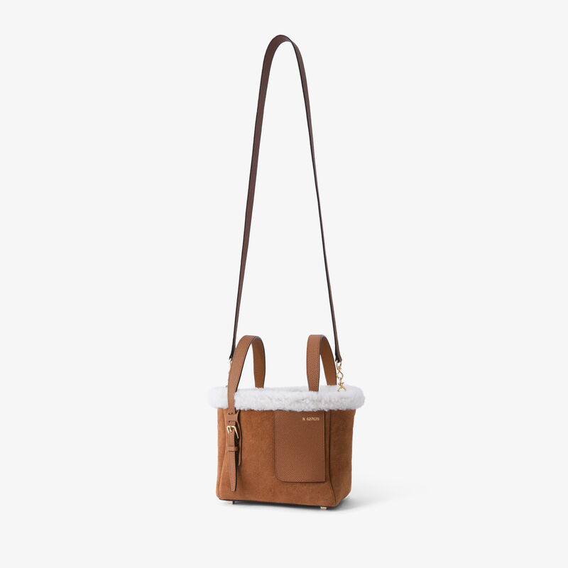Soft Suede Shearling Bucket Micro Bag - Chocolate Brown - Montone Scamosciato/Vitello Millepunte Soft - Valextra - 6