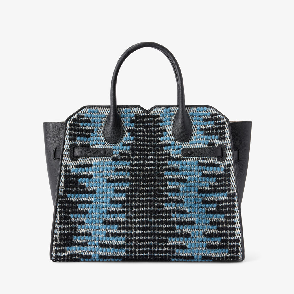 Milano Sunset Pibiones Two Handles Medium Bag - Black/Niagara Blue/Grey - Pibiones  wool Fabric and Millepunte leather - Valextra - 7