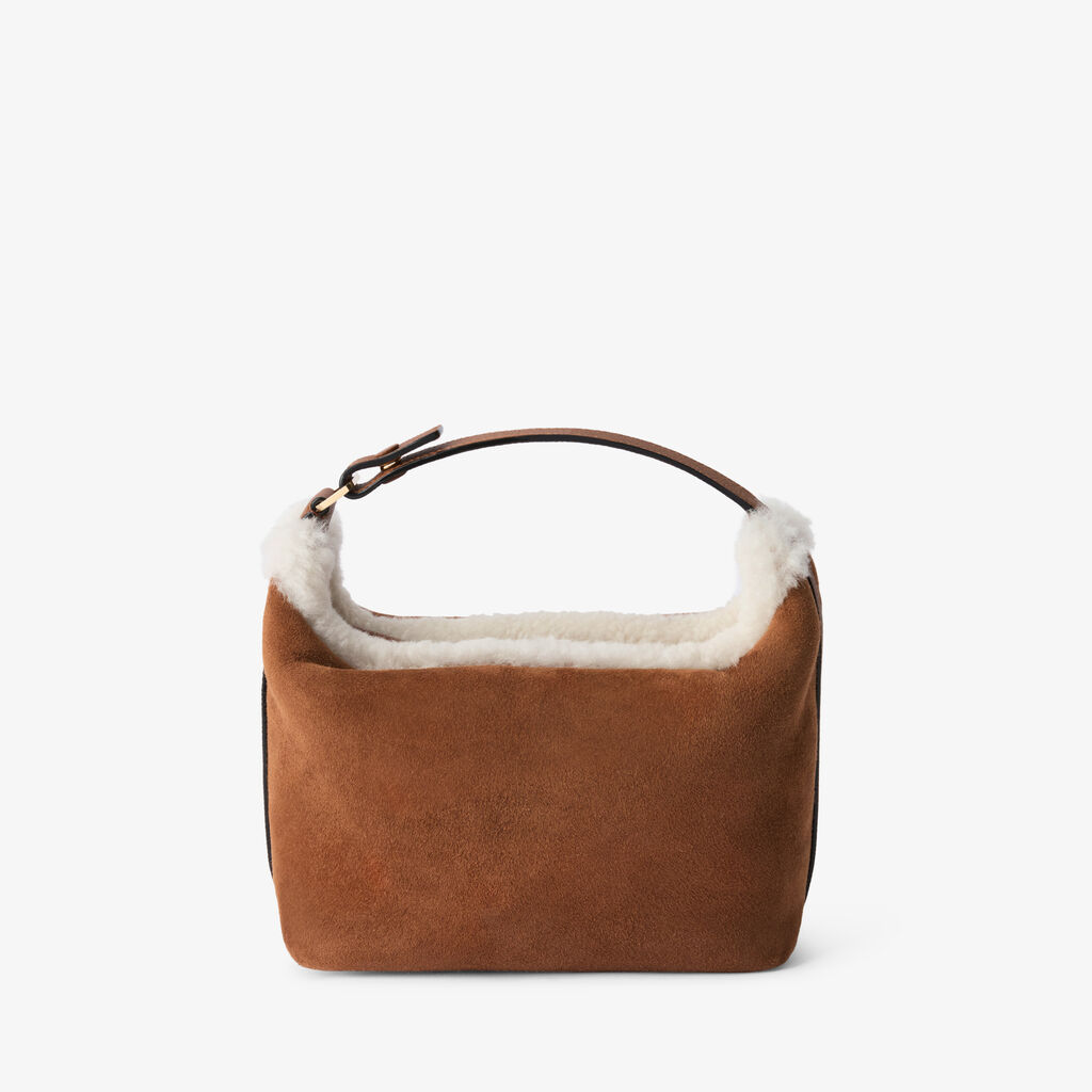 Mochi Suede Shearling Top Handle Mini Bag - Chocolate Brown - Montone Scamosciato/Vitello Millepunte Soft - Valextra - 1