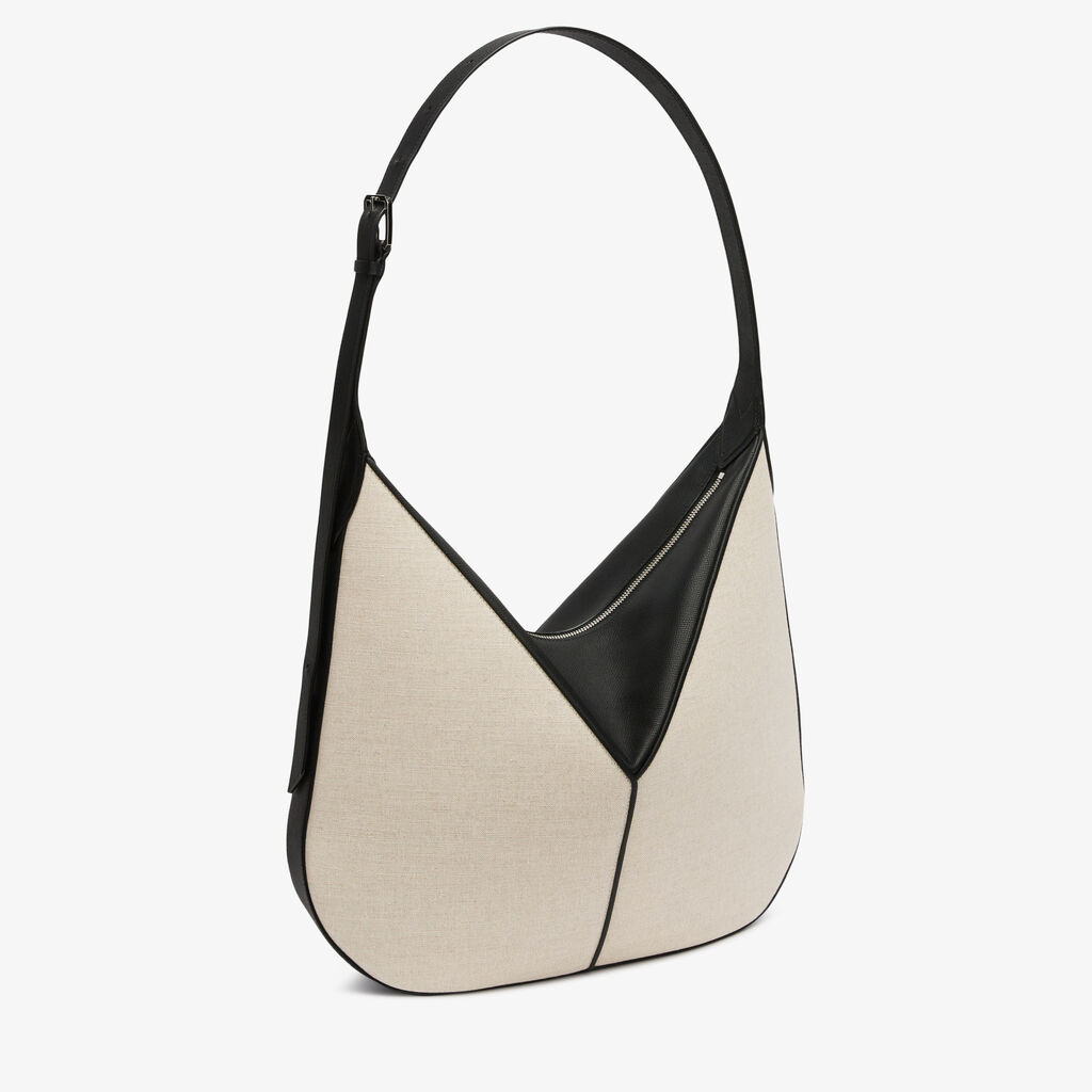 Borsa Hobo Vivi Canvas - Marrone Sabbia/Nero - Tessuto Canvas/Vitello Millepunte Soft - Valextra - 3