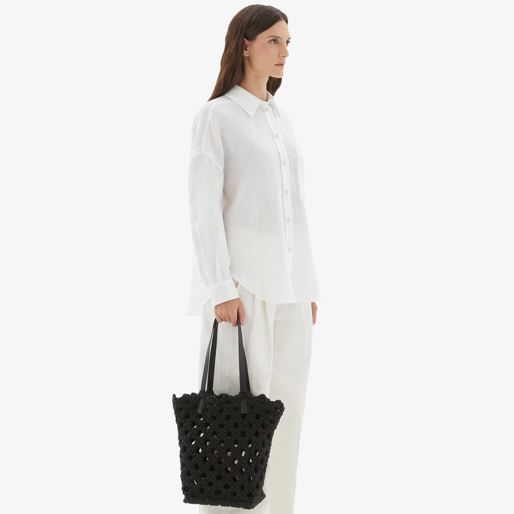 Sportami Via Shopping Bag - Black - Tessuto Intrecciato/Vitello VS - Valextra - 4