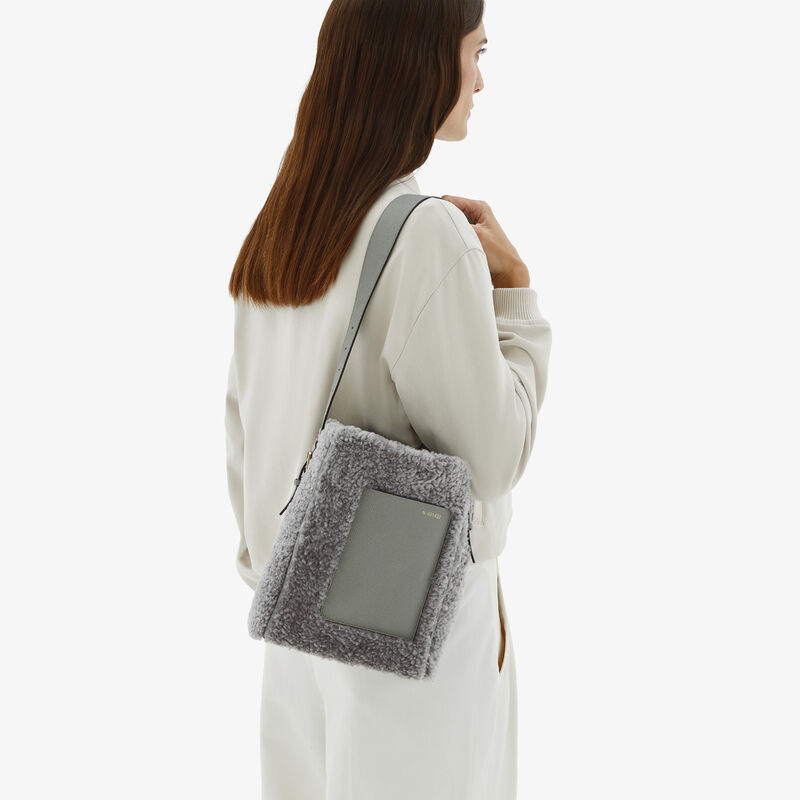 Soft Shearling Bucket Mini Bag - Cement Grey - Pelle di Vitello Millepunte and Shearling - Valextra - 2