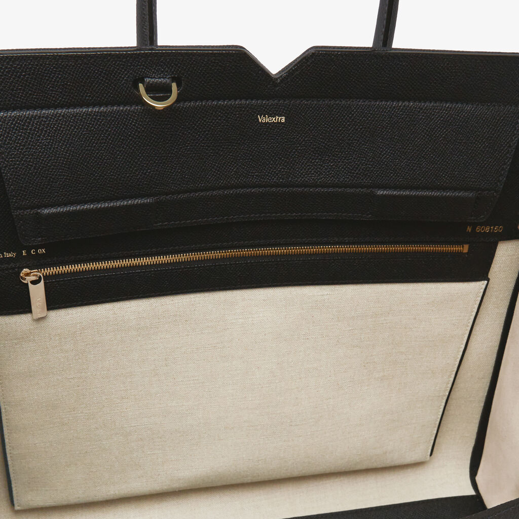 Milano Canvas Two Handles Large Bag - Sand Brown/Black - Natural Canvas and calf leather - Valextra - 2