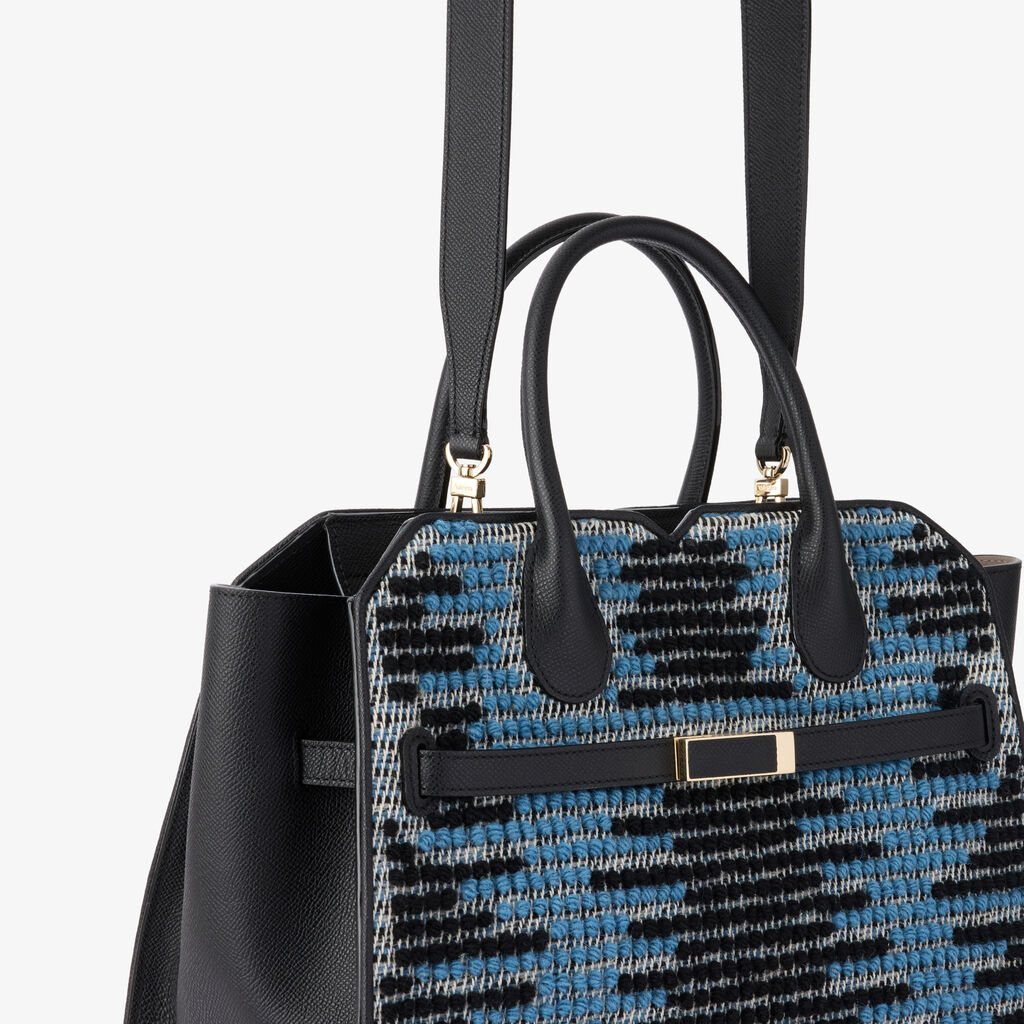 Milano Sunset Pibiones Two Handles Medium Bag - Black/Niagara Blue/Grey - Pibiones  wool Fabric and Millepunte leather - Valextra - 5