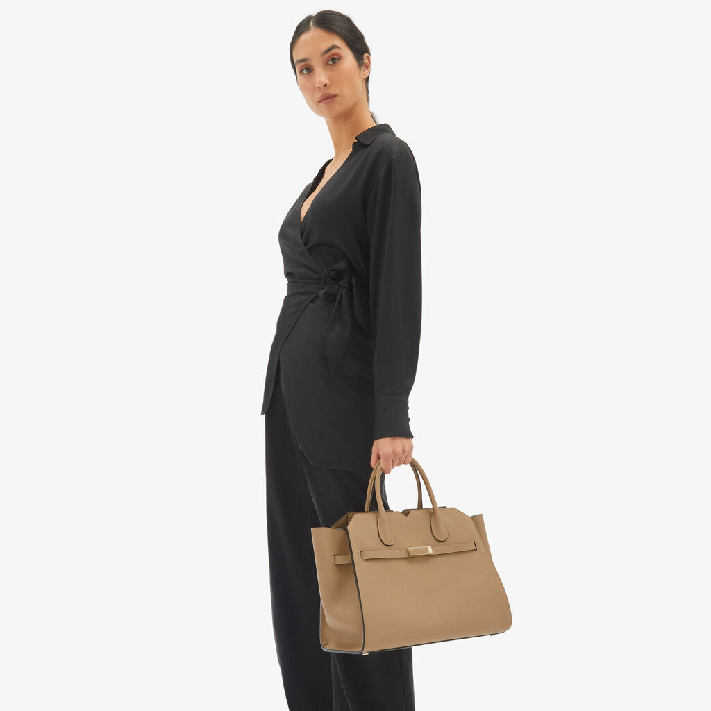 Milano Two Handles Medium Bag - Cashmere Beige - Vitello Millepunte Soft - Valextra - 2