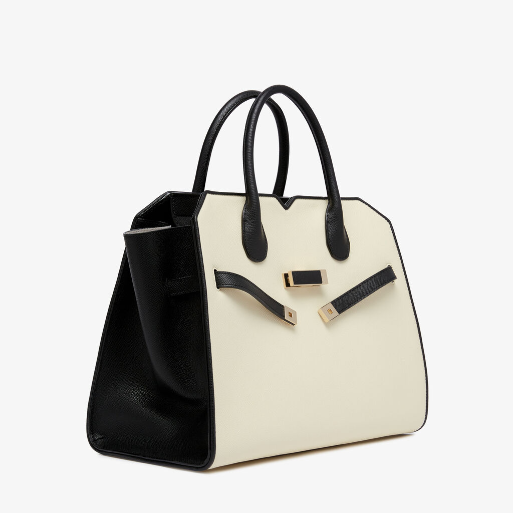 Borsa a Due Manici Milano Chiaroscuro Media - Pergamena White/Black - Vitello Millepunte Soft - Valextra - 5