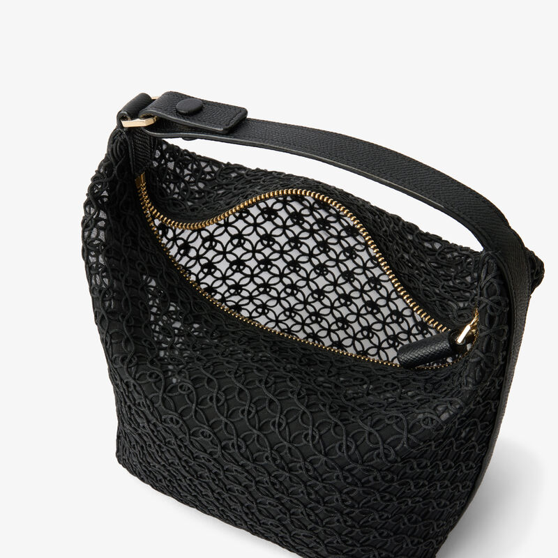 Mochi Merletto Top Handle Mini Bag - Black - Tessuto ricamo Rete/Vitello Millepunte Soft - Valextra - 3