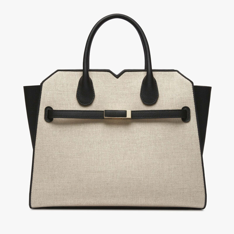 Milano Canvas Two Handles Medium Bag - Sand Brown/Black - Tessuto Canvas/Vitello Millepunte Soft - Valextra - 1