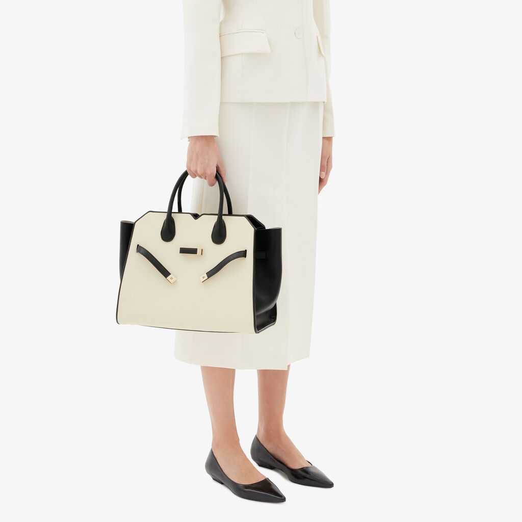 Borsa a Due Manici Milano Chiaroscuro Media - Pergamena White/Black - Vitello Millepunte Soft - Valextra - 2