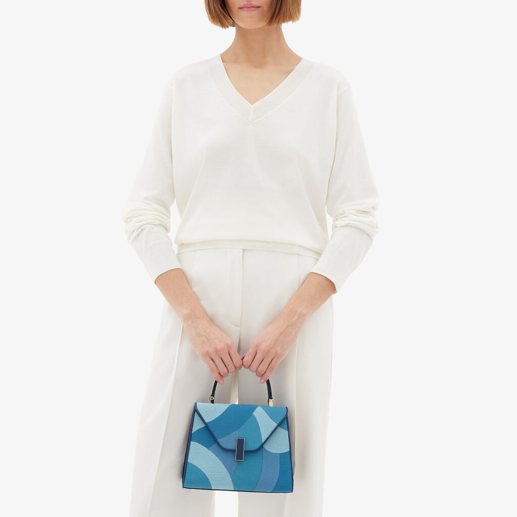 Iside Patchwork Top Handle Mini Bag - Sapphire Blue/Blue Color Mix - Canvas Ricamo Coiling/Vitello VS - Valextra - 2