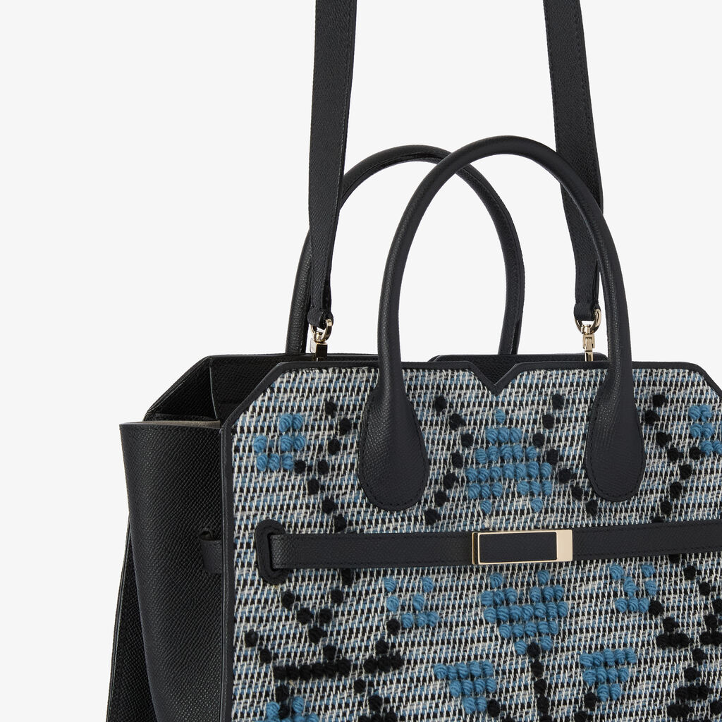 Milano Flower Pibiones Two Handles Medium Bag - Grey/Niagara Blue/Black - Pibiones  wool Fabric and Millepunte leather - Valextra - 4