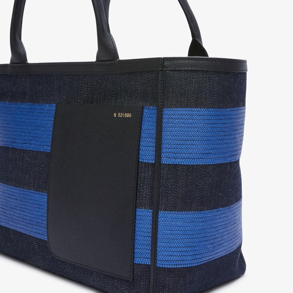 Tote Bag Denim Stripe Medium - Black/Royal Blue - Tessuto Denim/Vitello VS - Valextra - 4