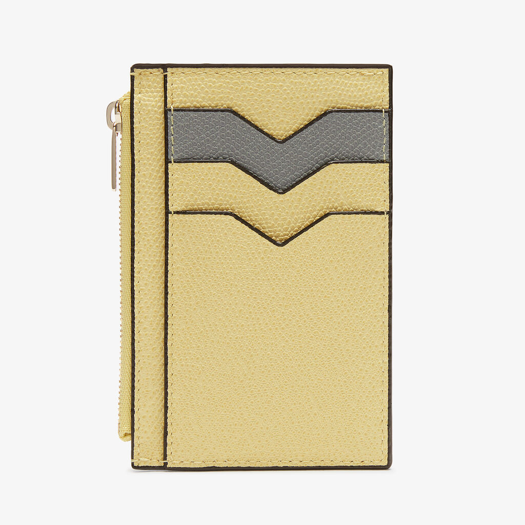 Card Holder with Zip Pocket 3CC - Vanilla Yellow/Cement Grey - Vitello VS - Valextra - 5