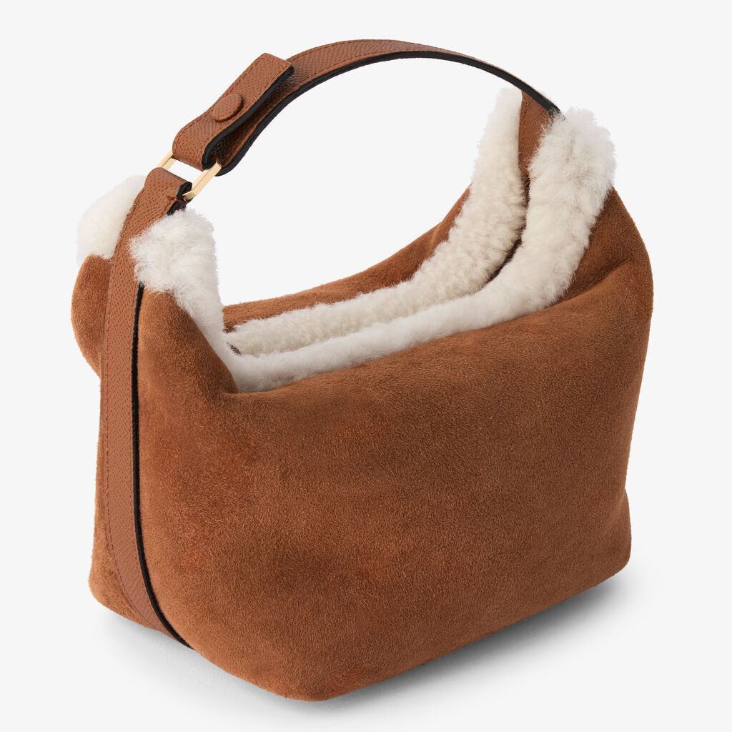 Mochi Suede Shearling Top Handle Mini Bag - Chocolate Brown - Montone Scamosciato/Vitello Millepunte Soft - Valextra - 5