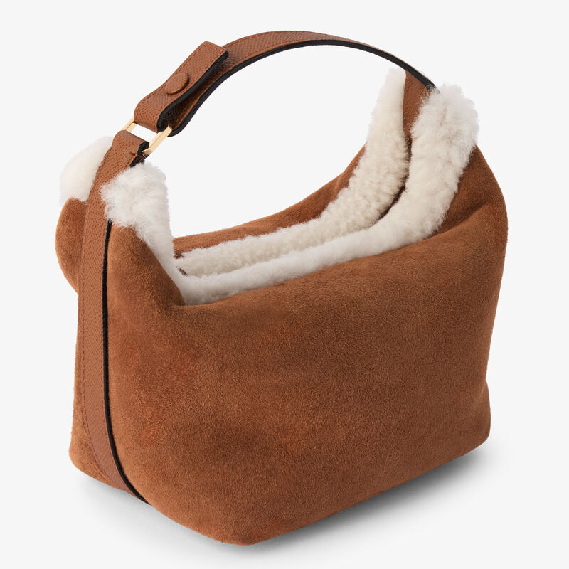 Mochi Suede Shearling Top Handle Mini Bag - Chocolate Brown - Montone Scamosciato/Vitello Millepunte Soft - Valextra - 5