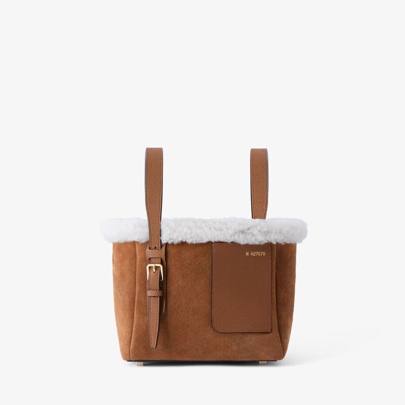 Soft Suede Shearling Bucket Micro Bag - Chocolate Brown - Montone Scamosciato/Vitello Millepunte Soft - Valextra - 1