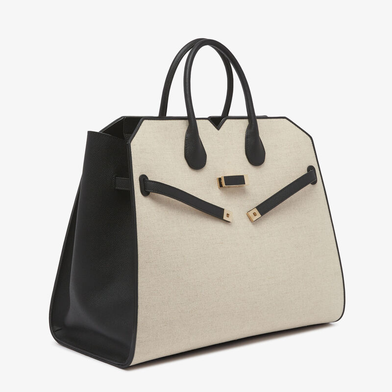 Milano Canvas Two Handles Large Bag - Sand Brown/Black - Natural Canvas and calf leather - Valextra - 5