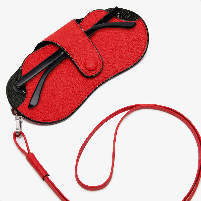 Porta Occhiali con Tracolla - Rosso Cremisi/Nero - Pelle di vitello Millepunte - Valextra - 2
