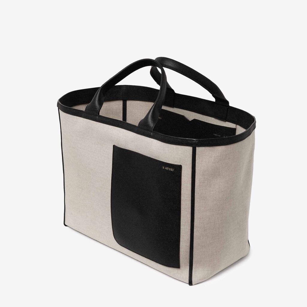 Borsa Shopping Grande Canvas - Marrone Sabbia/Nero - Tessuto Canvas/VS - Valextra - 6