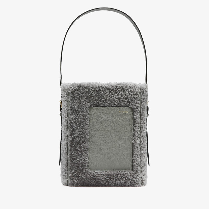 Soft Shearling Bucket Mini Bag - Cement Grey - Pelle di Vitello Millepunte and Shearling - Valextra - 1