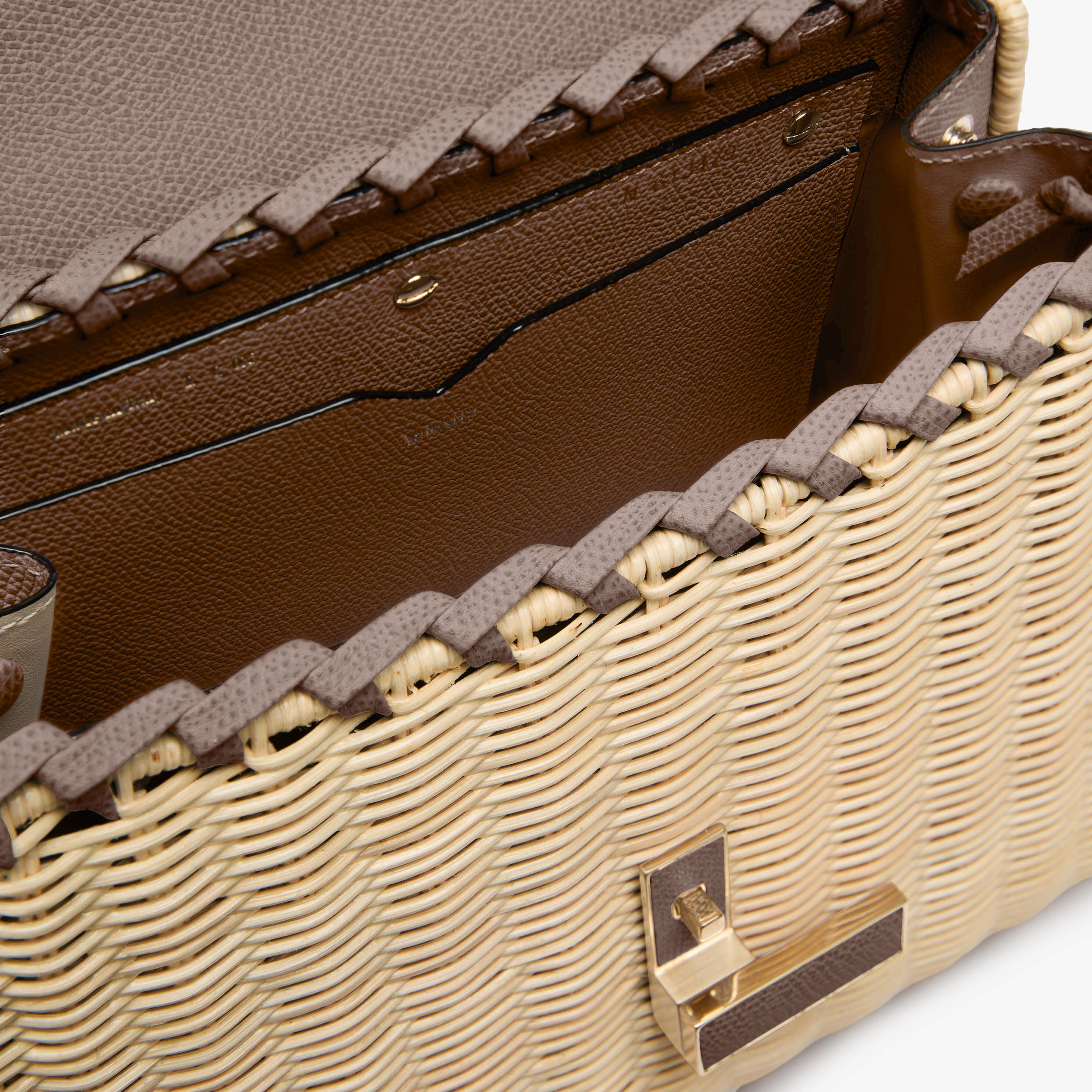 Ameri♡ UND PARTS ACCENT ONE HANDLE BAG Women's Brown Luxury Leather Wicker Top Handle Bag | Valextra Iside