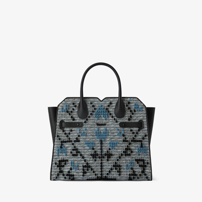 Milano Flower Pibiones Two Handles Medium Bag - Grey/Niagara Blue/Black - Pibiones  wool Fabric and Millepunte leather - Valextra - 6