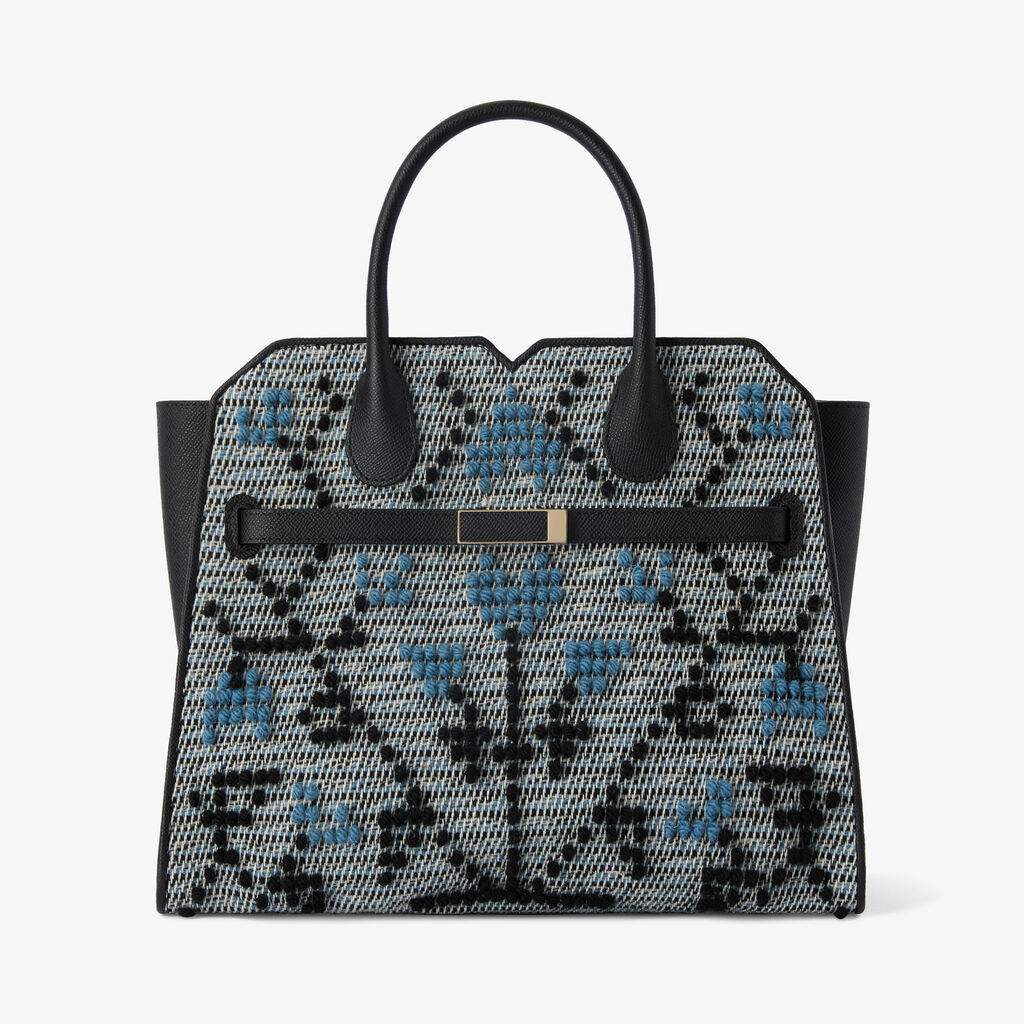 Milano Flower Pibiones Two Handles Medium Bag - Grey/Niagara Blue/Black - Pibiones  wool Fabric and Millepunte leather - Valextra - 1